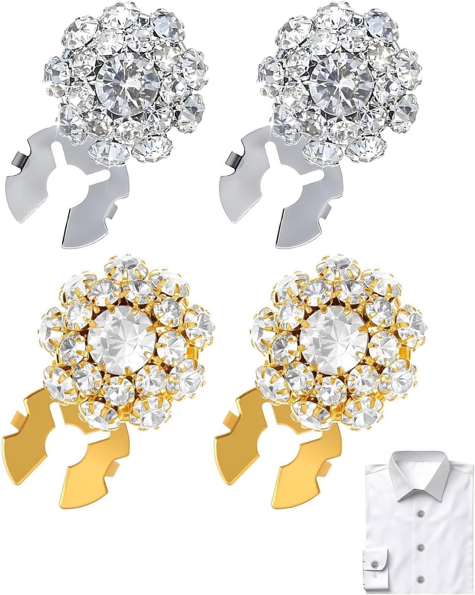 Set van 4 Knoppen met strassteentjes, afneembare strass-knopen, afdekking voor knopen, strass-steentjes voor jurk, kostuum, manchet, smoking, overhemd, vakantiedecoratie, zilver + goud