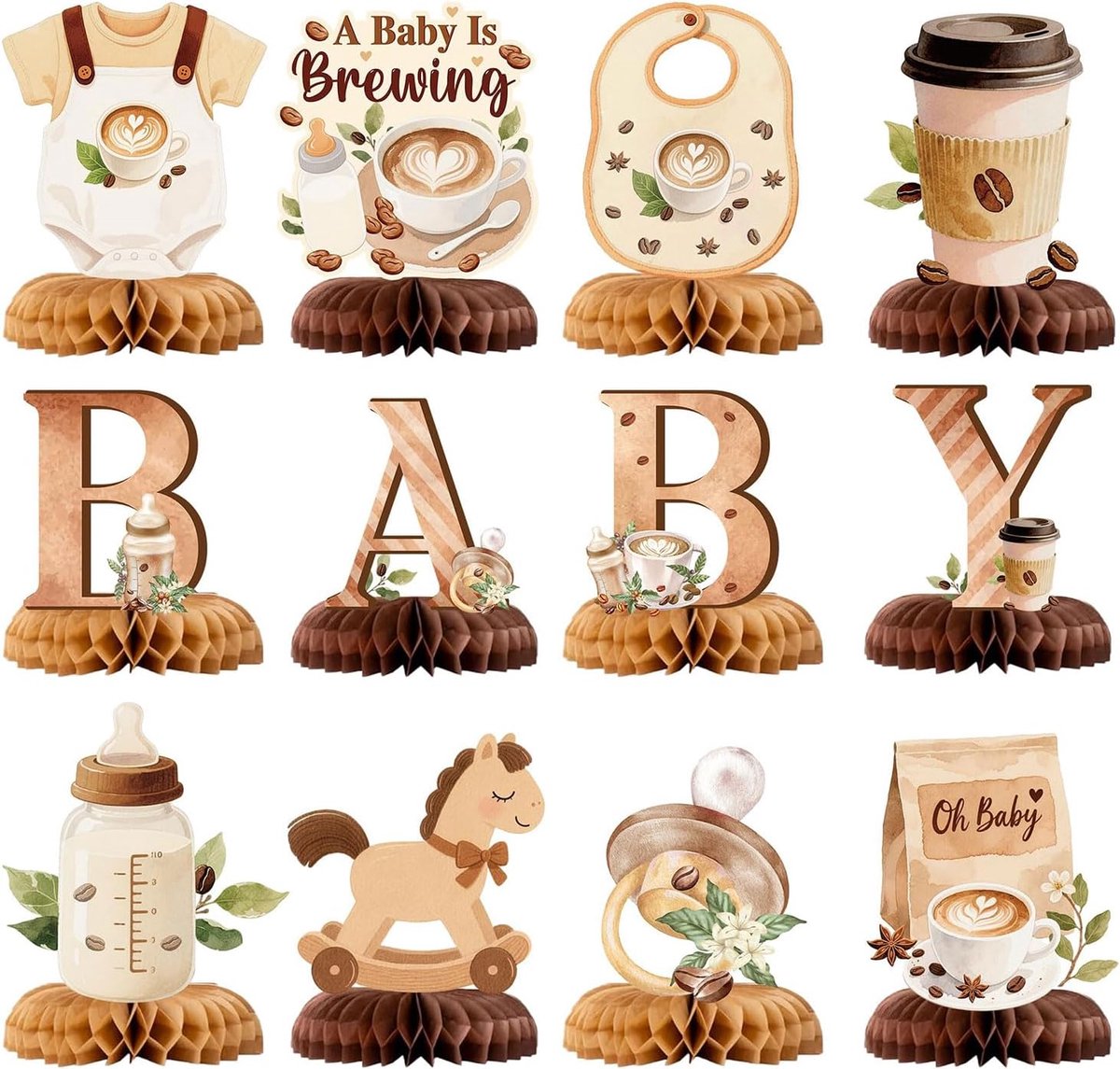 Baby Is Brow Tafelversieringen 12 Stuks Koffie Baby Shower Decoraties Honingraatkristallen Tafelornamenten 3D Foto Accessoires Voor Koffie Thema