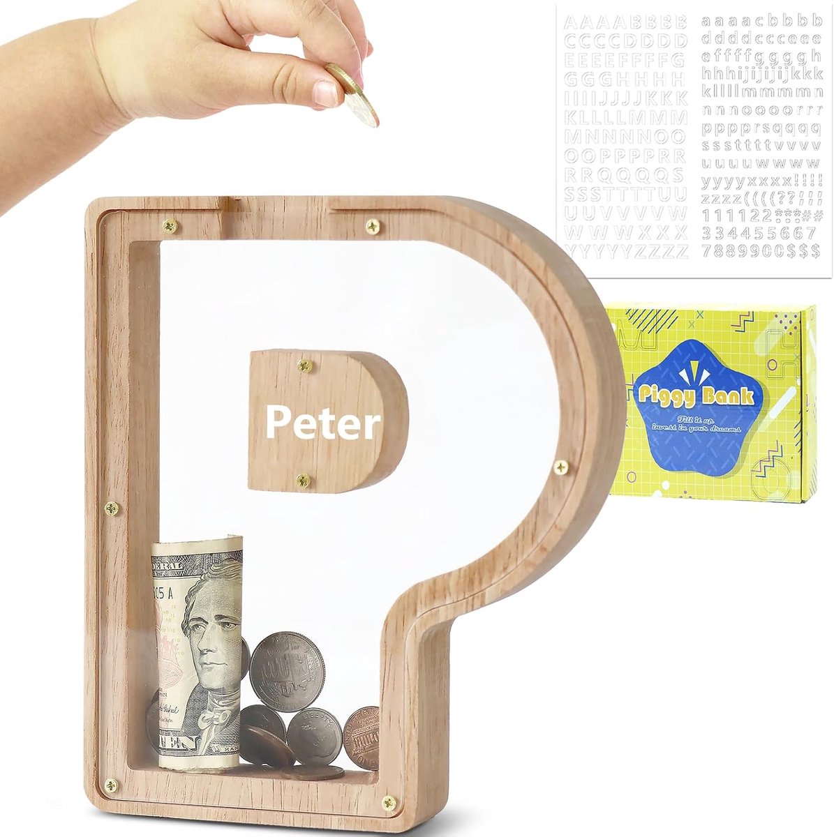 Spaarpot voor kinderen, hout, transparant (P)