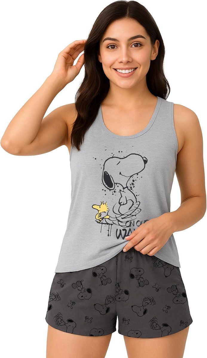 Peanuts Snoopy pyjama voor dames - On Our Way pyjamaset, tanktop, bovendeel met broek, grijs