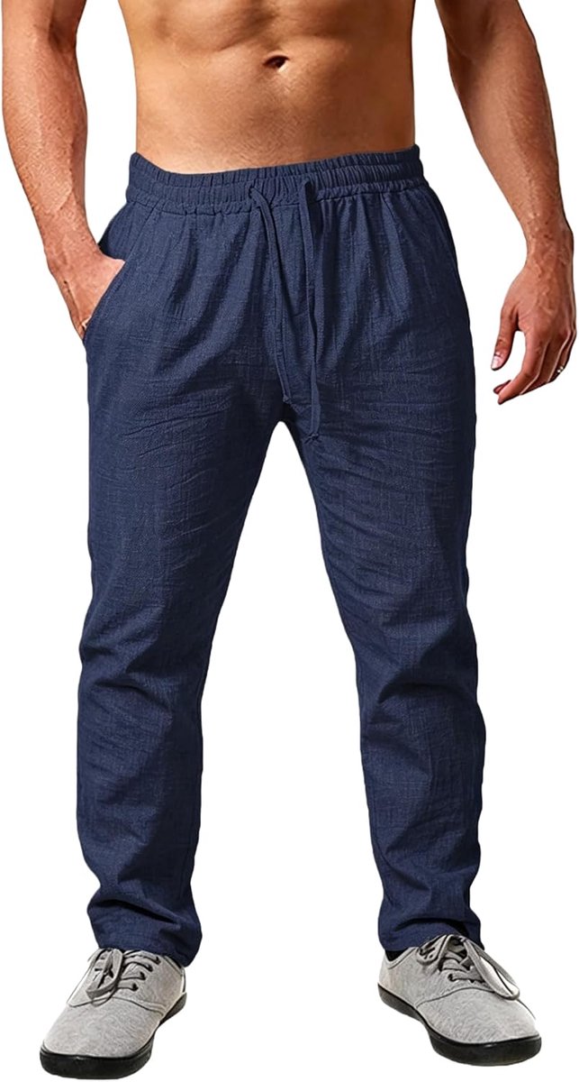 Linnen broek heren lange lichte zomerbroek losse fit vrijetijdsbroek met trekkoord zakken voor vakantie strand dagelijks gebruik