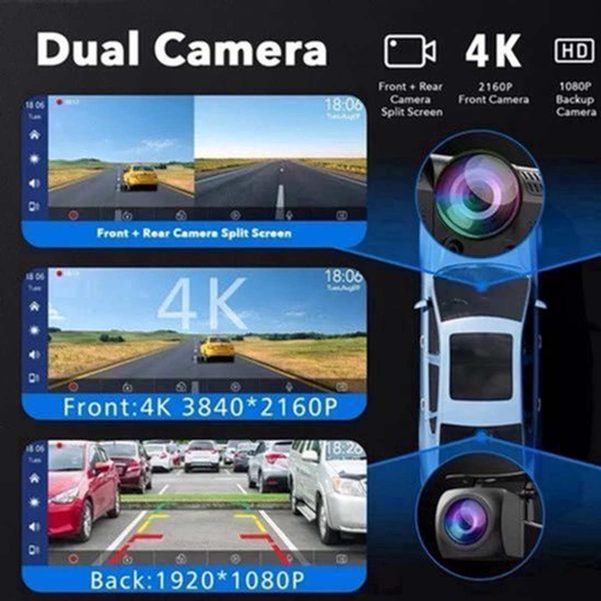 Dashcam voor Auto - 10.26” 4K Dashcam – CarPlay & Android Auto – 350° Rotatie – 6M AHD Achtercamera – Nachtzicht & Rijassistentie - Zwart