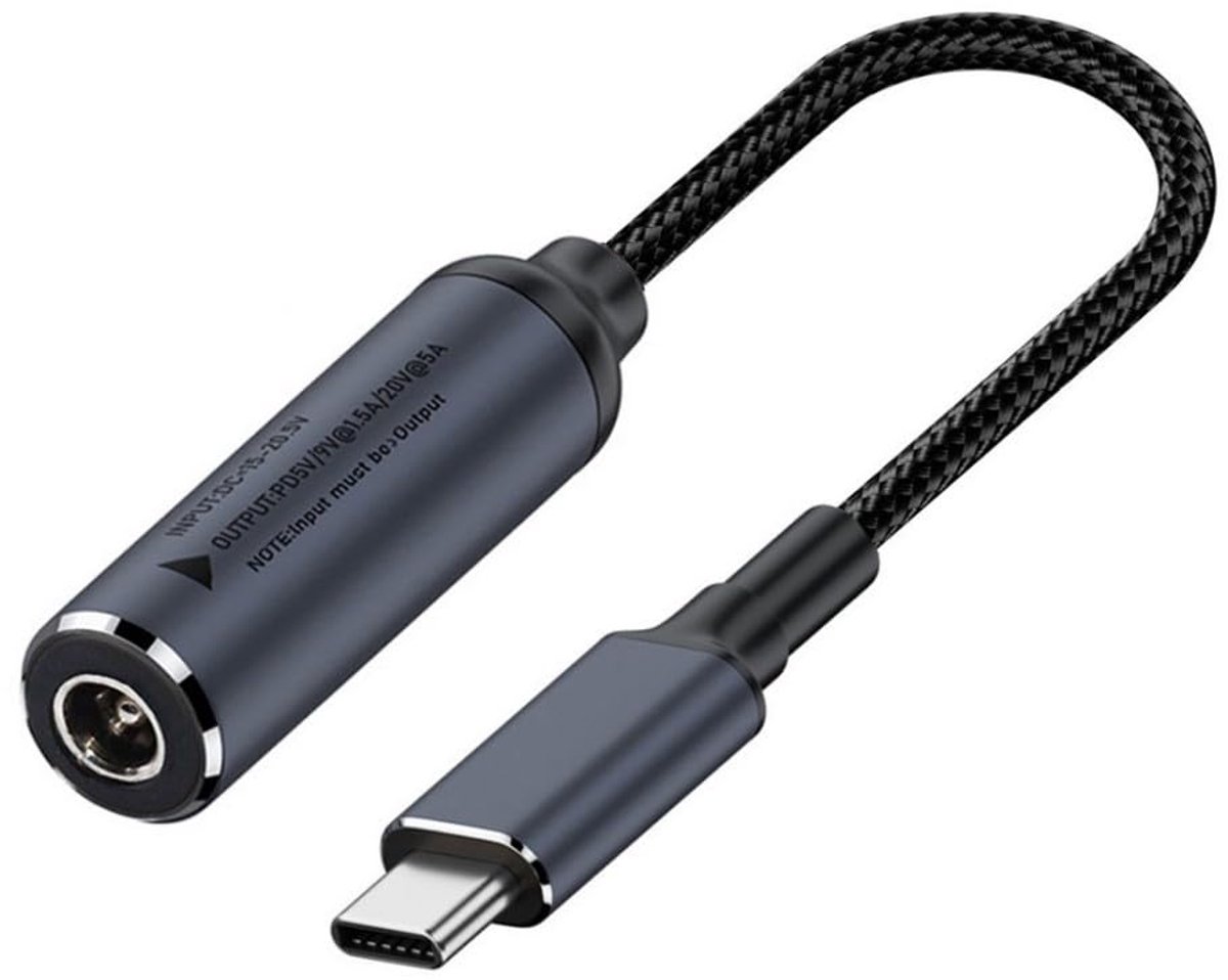 DC naar USB C Converter 5.5x2.5mm - gevlochten nylon - PD 100W - snel opladen - geschikt voor diverse apparaten