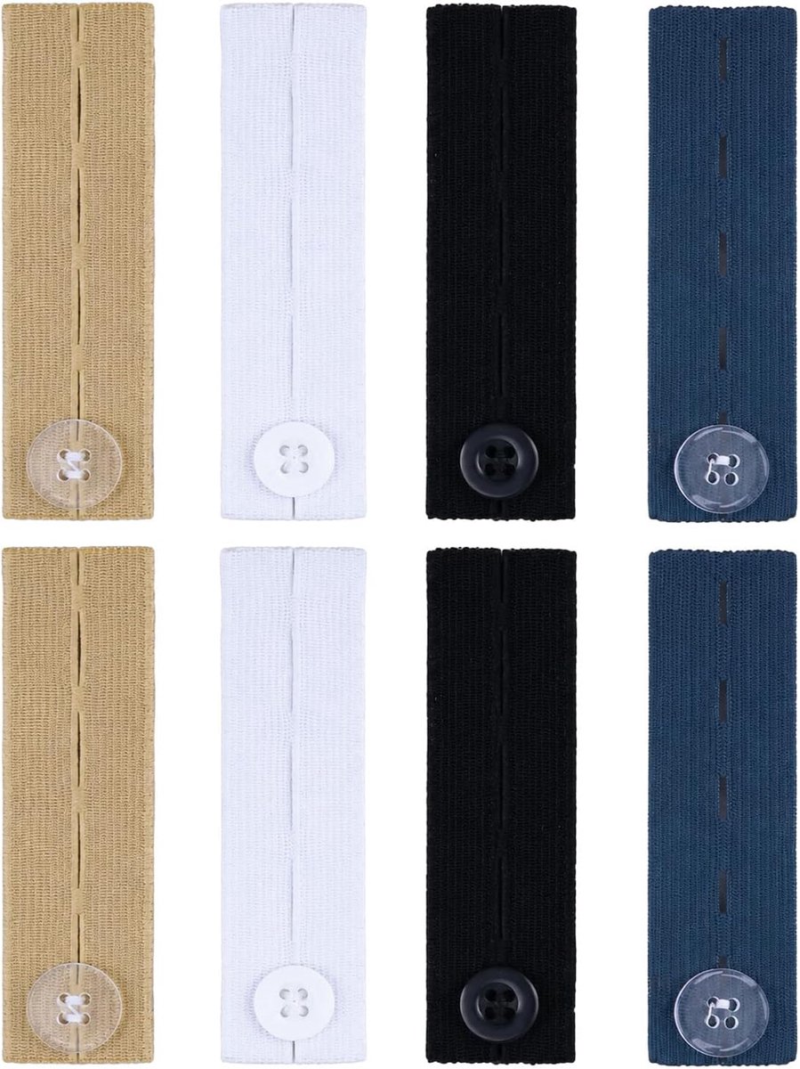 8 stuks knoopverlenger voor broeken – Taillebandverlengers voor jeans, verstelbare tailleverlengers voor dames & heren, 4 veelzijdige kleuren