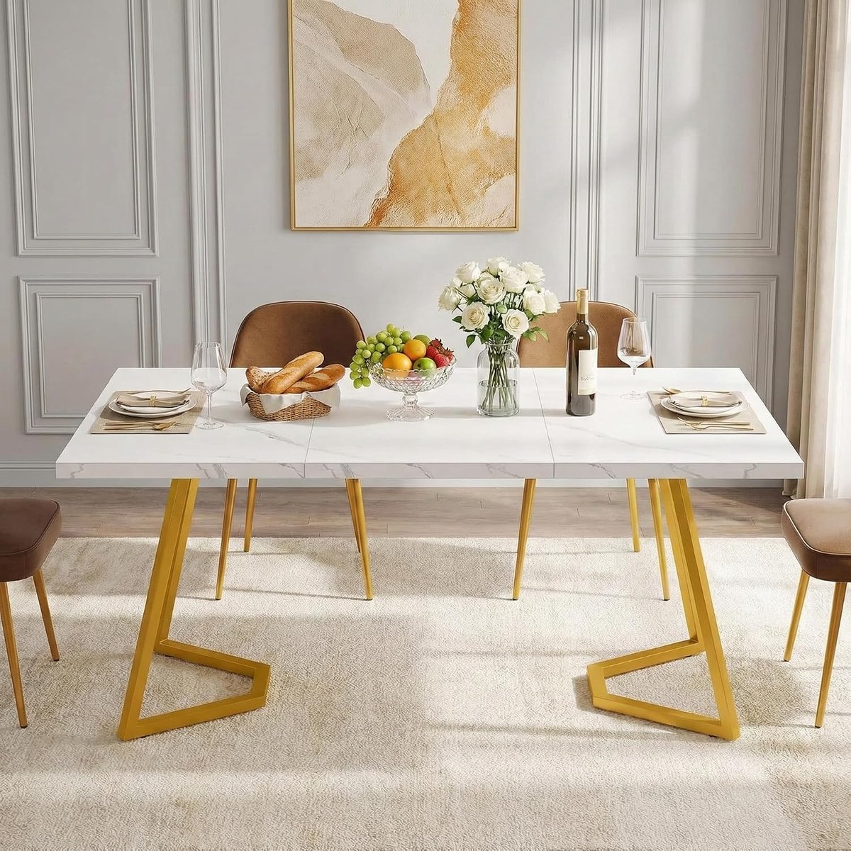 140cm Eettafel, Oval Dining Table, Eetkamertafel Marmer, Eettafel 6 Personen, White Dining Table, 140 x 80 x 75 cm, White Gold