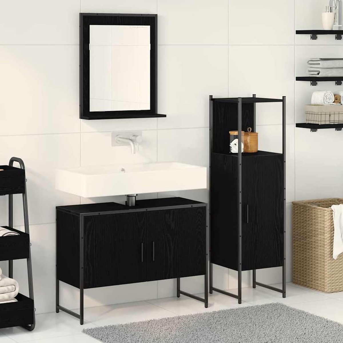 3-delige badkamermeubelset, zwart eikenmateriaal, complete spiegelkast, hoge kast, compleet programma voor moderne badkamer 3334376