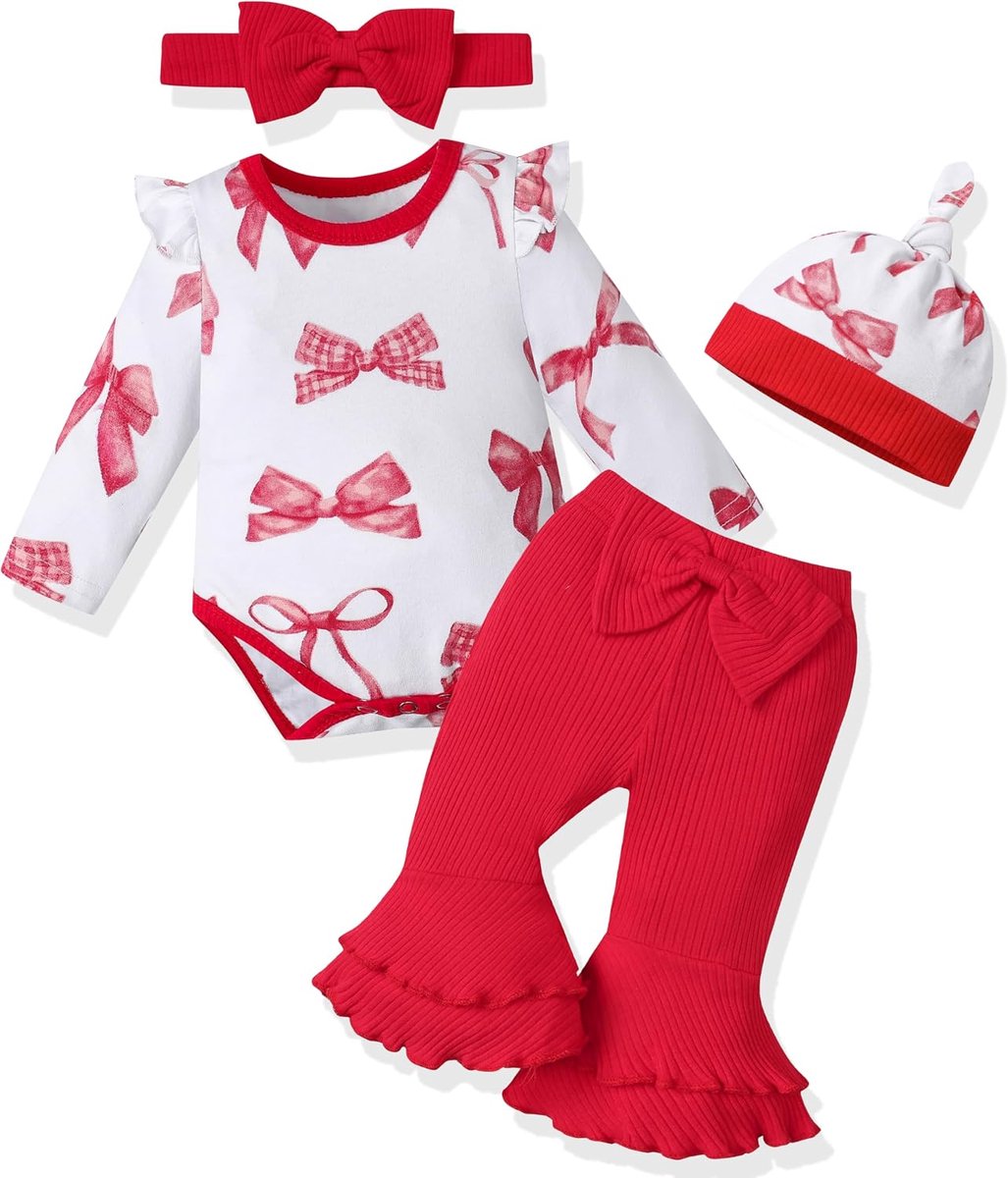 babykleding voor meisjes, geboorte, set voor baby's, meisjes, Valentijnsdag, baby, cadeau voor geboorte, baby, body met strik en voortijdige uitlopende broek, 12 maanden