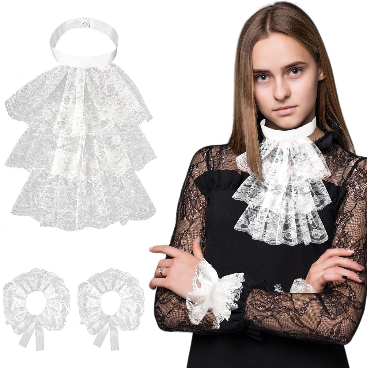 Carnavalset, 3 stuks, Victoriaanse halsband, jabot met 2 manchetten, kanten manchetten, witte edelman, voor accessoire, kostuum, carnaval, Halloween