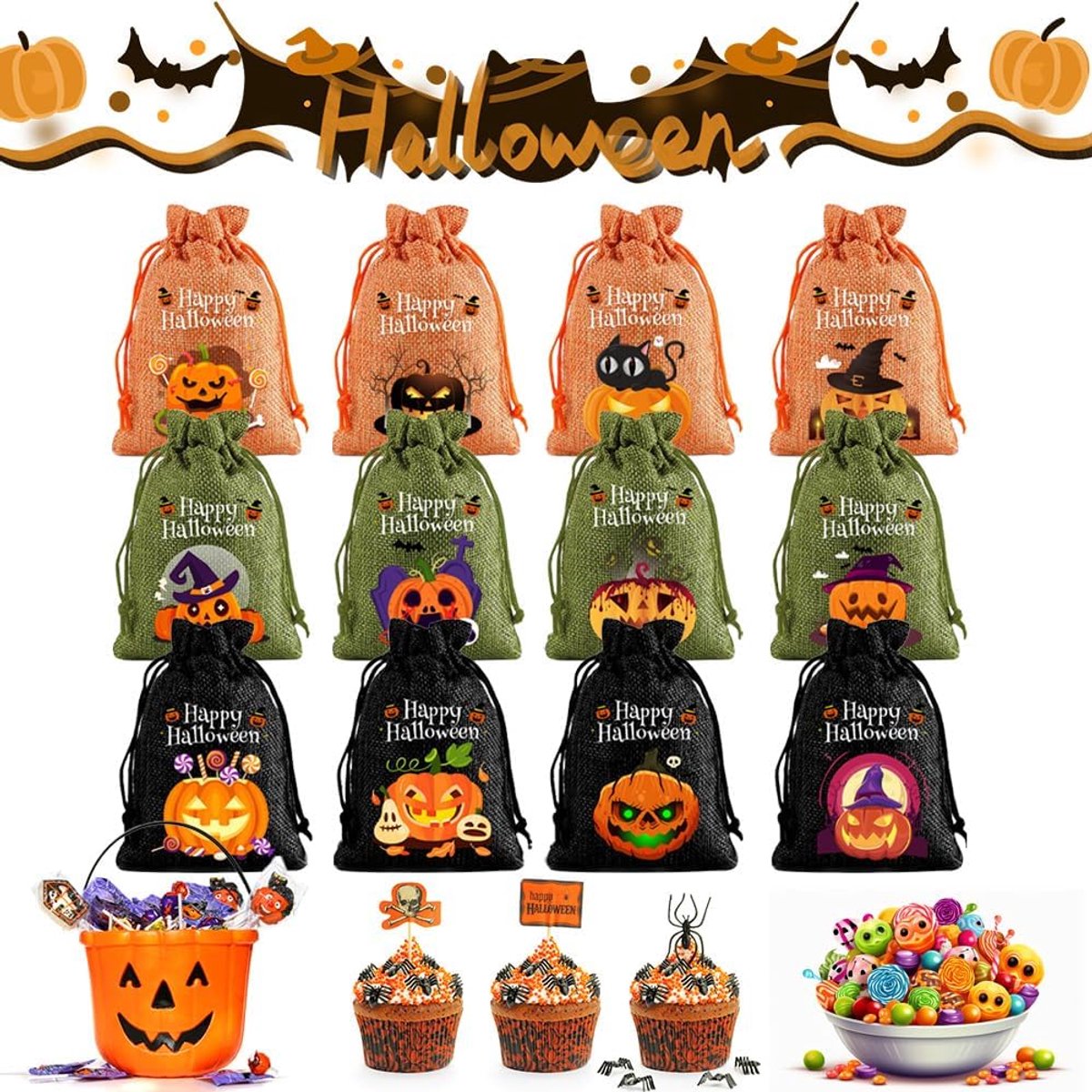 lioewhu Halloween jute zakjes, 12 stuks cadeauzakjes, 10 x 14 cm jute zakjes met trekkoord, schattige of zure zakjes, Halloween-snoeptas, feestcadeautje, feestaccessoires