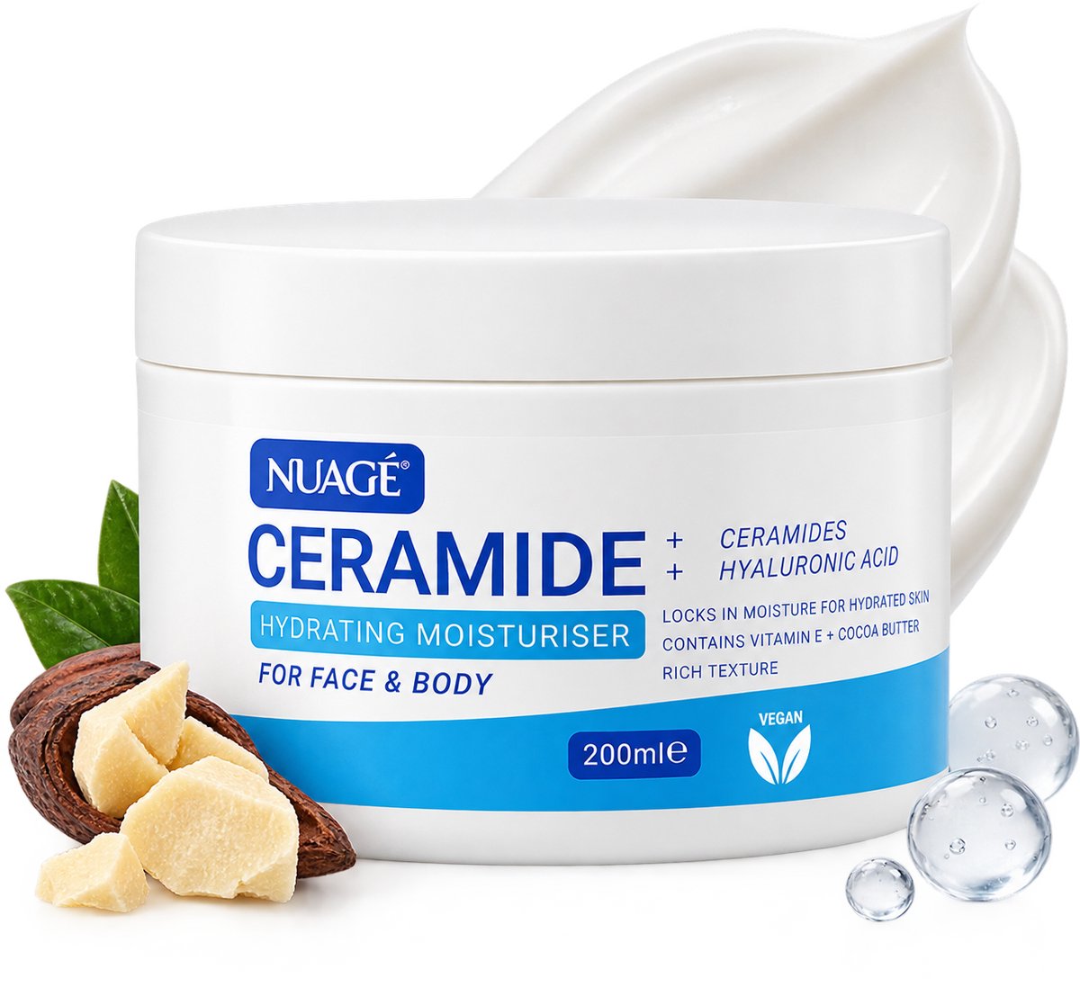 Nuagé Ceramide Hydraterende Crème – Gezicht & Lichaam – Met Ceramides, Hyaluronzuur, Vitamine E & Cacaoboter – Moisturizer – Gezichtscrème – Bodycrème – Hydraterende Huidverzorging | 200 ML