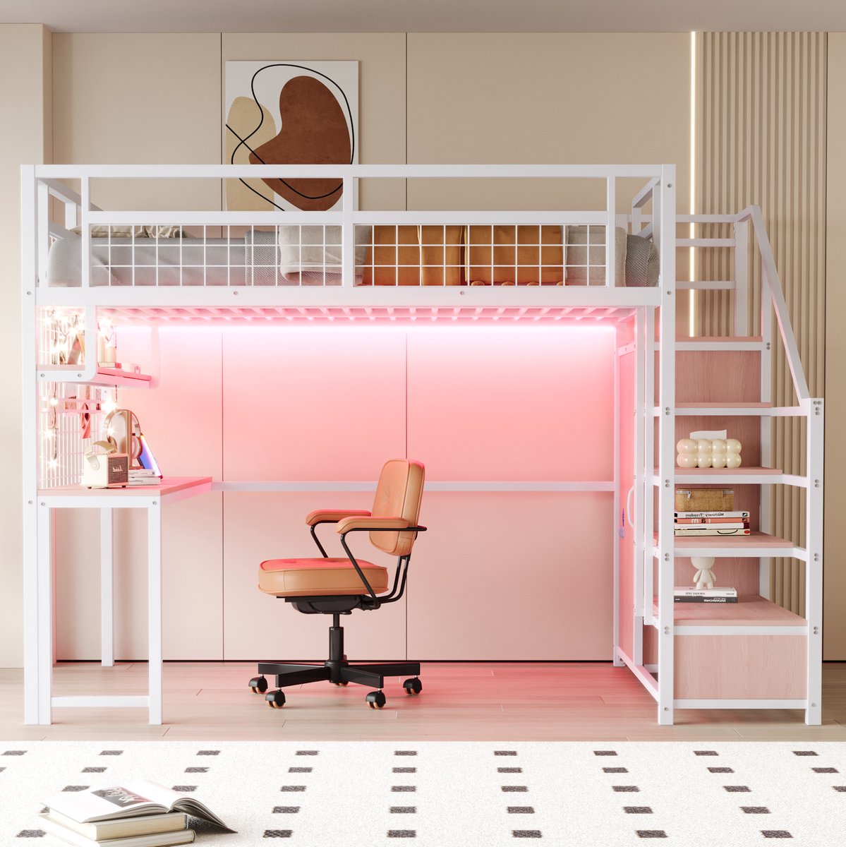 WUVRIE Metalen hoogslaper 140x200 cm met bureau, opbergladder, kledingkast, verlichting en stopcontact, wit