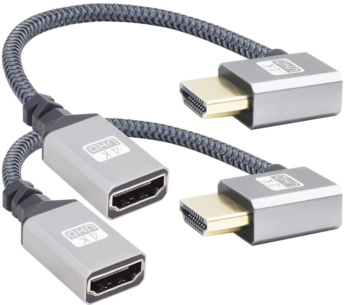 90 Degree Right Angle UHD 4K HDTV to HDTV Braided Cable 0.59ft,18Gbps High Speed 2.0 Braided Cable, Support 4K@60Hz,1080p, HDCP 2.2, ARC, 3D (Pack of 2)