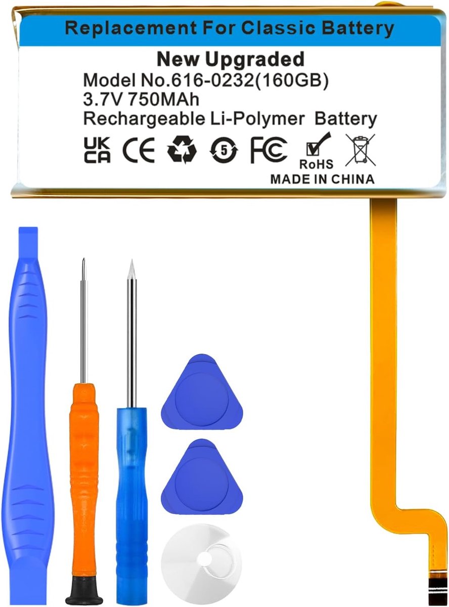 616-0232 accu, 750 mAh batterij voor iPod 5e - 7e generatie video Classic A1136 A1238 6. 80 GB 6,5. 120 GB 7e 160 GB 5e 30 GB met reparatiegereedschapsset