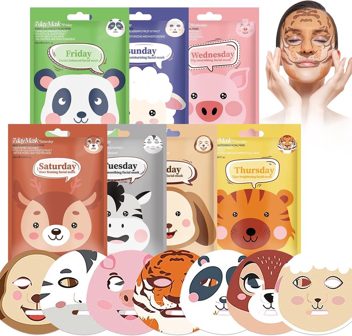 Maskers, Niedliches Gezichtsmaskers-Set, Gezichtsmaskers Set met diermotief, Beauty Gezichtsmaskers, Bladmaskers-Set, Vochtgevend, Rustende, Verfrissende 7 stuks