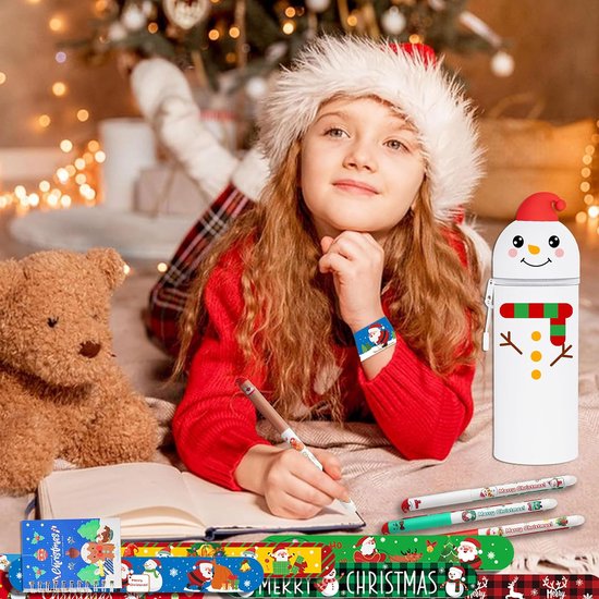 2-in-1 siliconen pennenetui - Kerstmis Kawaii etui sneeuwpop + 12 klapringen + 4 gumpennen + ringband, tafelpennenhouder, pennenetui kleurpotloden, schoolbenodigdheden, meisjes en jongens — afbeelding 5
