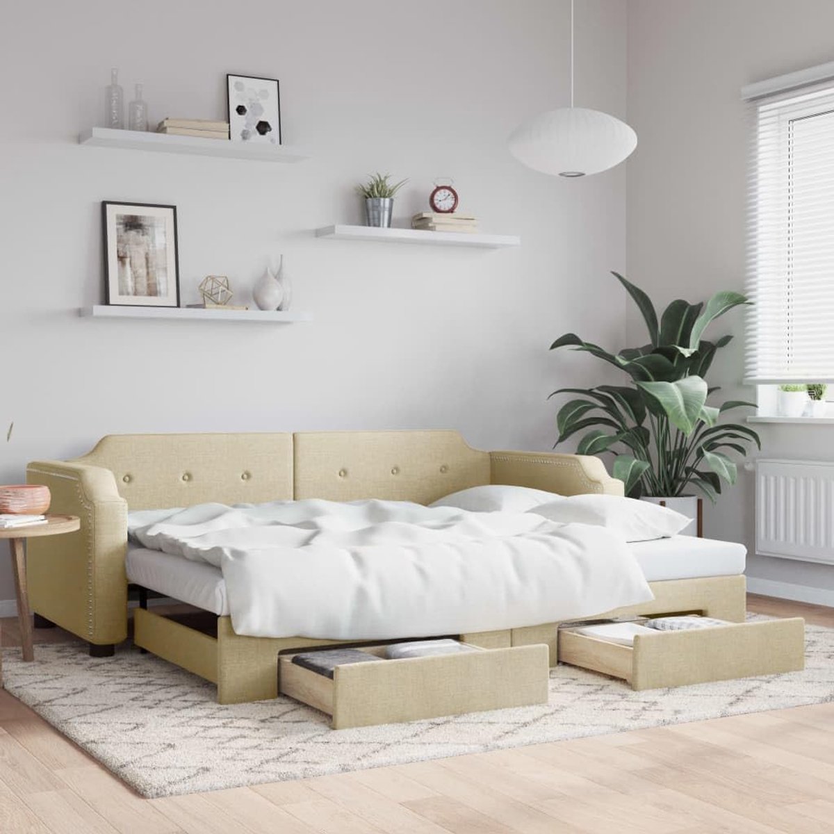 Uittrekbaar met laden, crèmekleurig, 80 x 200 cm, stof, frame voor slaapkamer, woonkamer, hotelbedframe, geschikt voor slaapkamer