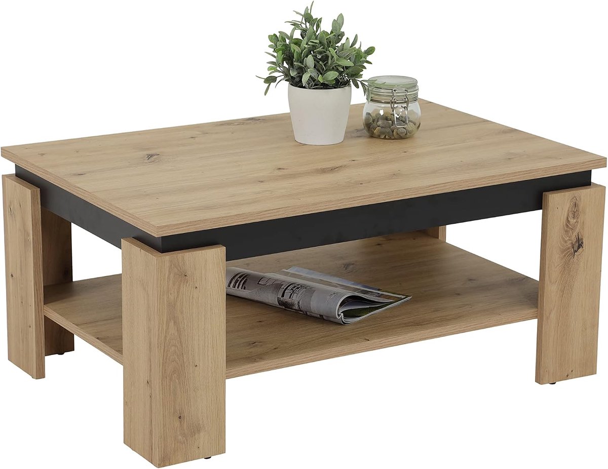 Tische, Salontafel salontafel Tim, houtmateriaal melamine gecoat, gekleurde tafelkrans, Artisan/zwart, grote plank, 90x60x41cm