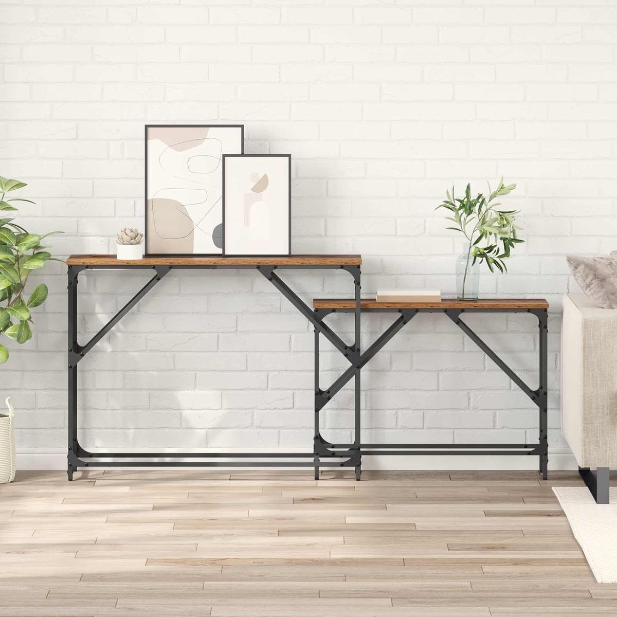 Consoletafel, 2 stuks, oud hout, 100 x 28 x 75 cm, houten oppervlak met metalen frame, nestdesign voor flexibele opslag en presentatie, moderne look voor hal