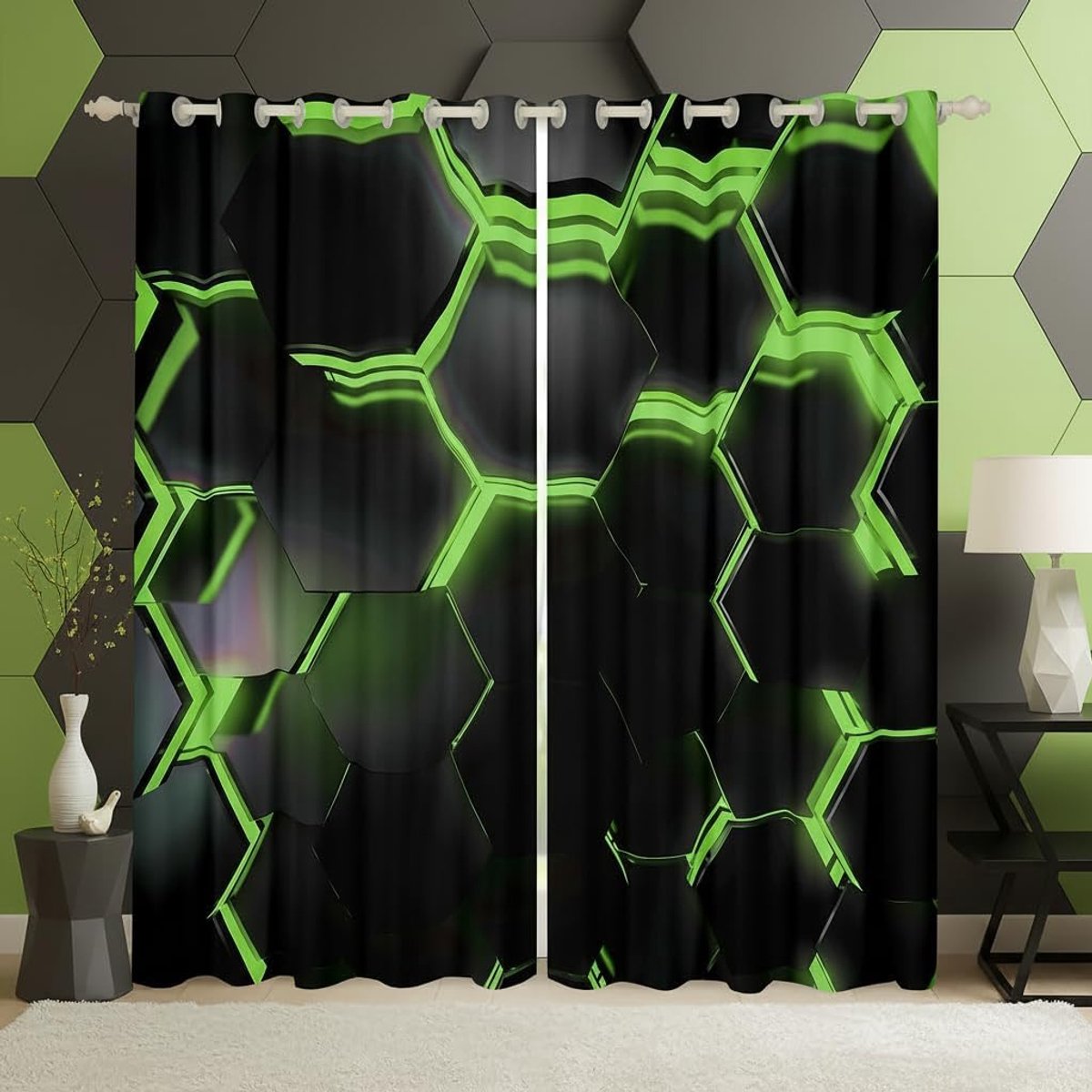 zeshoekige groene neonlichten voor de keuken, raambehandelingen, 3D abstracte raamgordijnen voor thuis, 2 panelen, L-maat