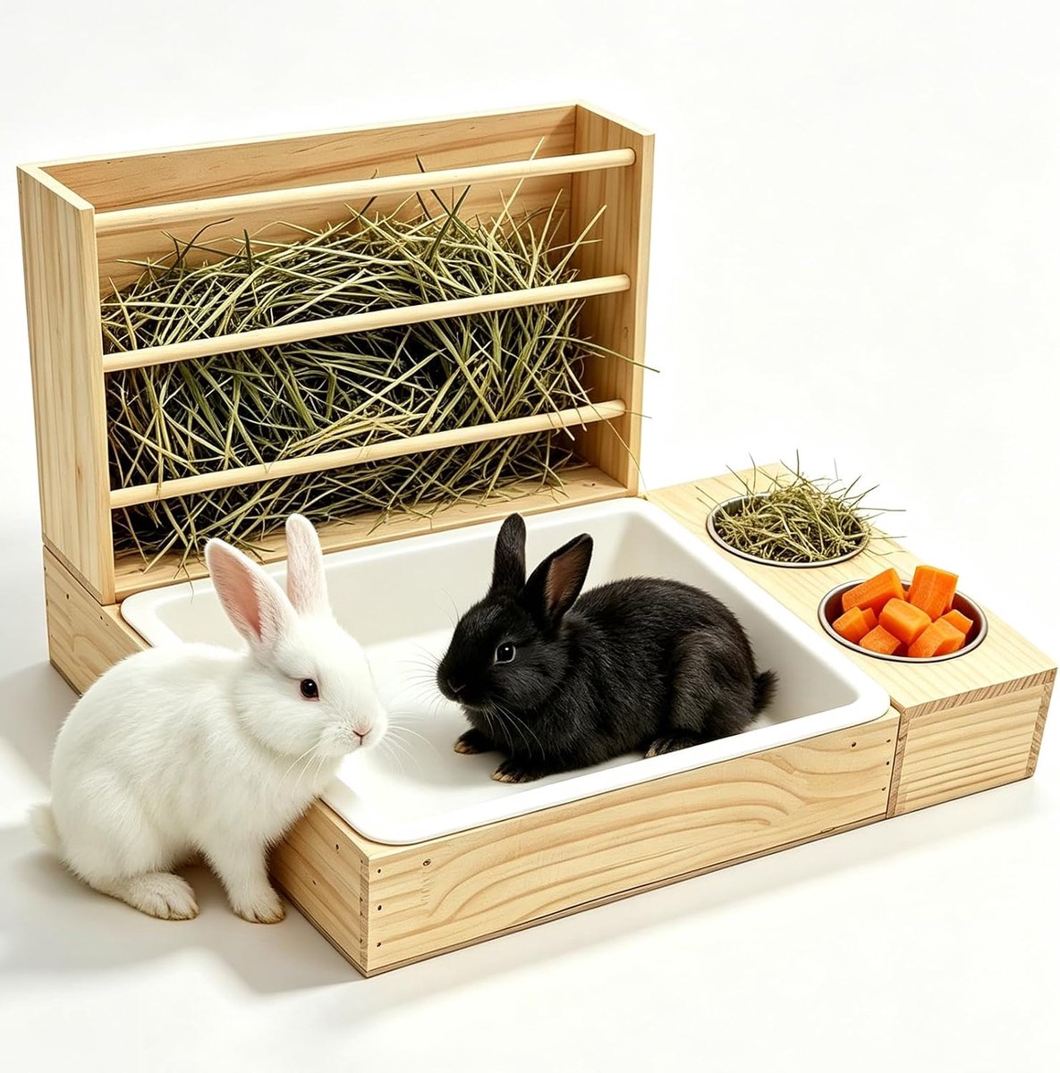 3-in-1 konijnenhooibak met kattenbak en voederbakken, hooibak voor konijnen, voederdispenser voor kleine dieren, met hooidispenser voor cavia's, hamsters en chinchilla's