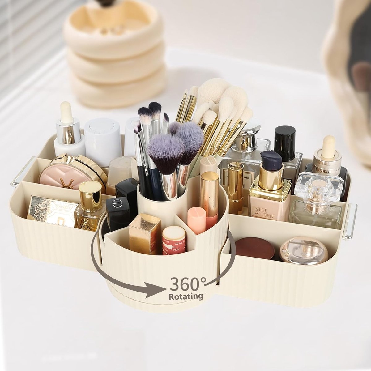 Make-up organizer, 360° draaibaar, 2-in-1 vakken, make-up organizer, parfum en crème organizer, multifunctionele make-up organizer met handvat, make-up organizer (beige)