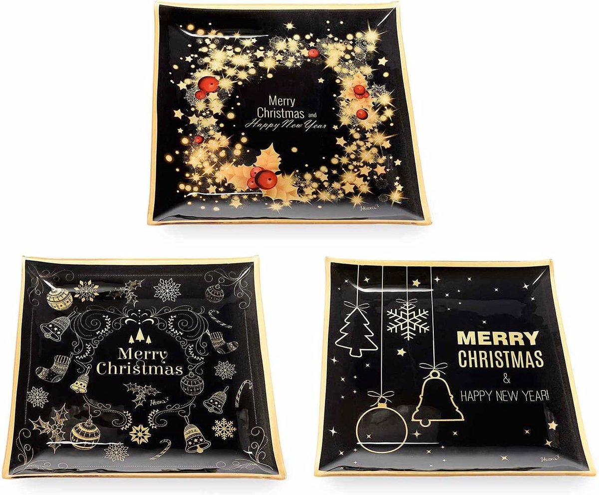 Set met 3 vierkante borden van glas, versierd, voor Kerstmis, cadeau-idee