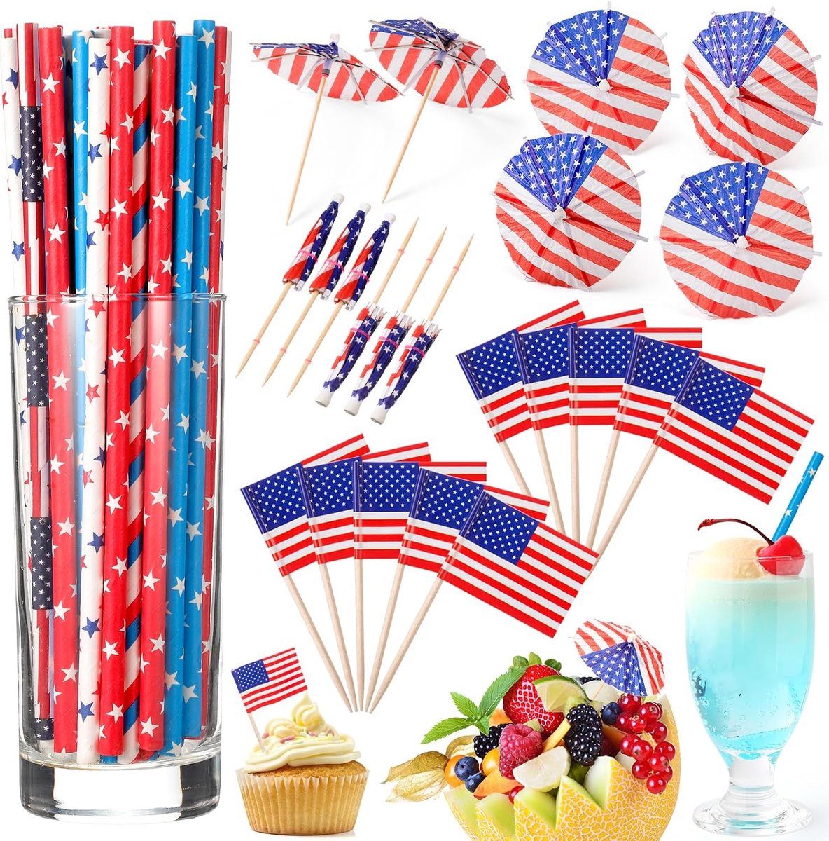 150 stuks onafhankelijkheidsdag drankparaplu's cocktailprikkers set bevat 50 stuks cocktailsticks voor 4 juli 50 stuks tandenstokers met Amerikaanse vlag, 50 stuks patriottische rietjes voor