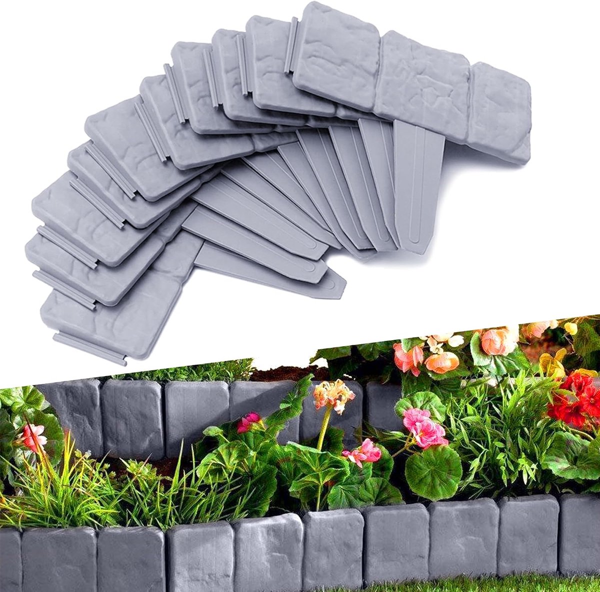 Kunststof, 10 m, steenlook, flexibele bloembedrand, gazonrand, maairand, tuinpalissade, 40 stuks, 25 x 23 cm, grijs