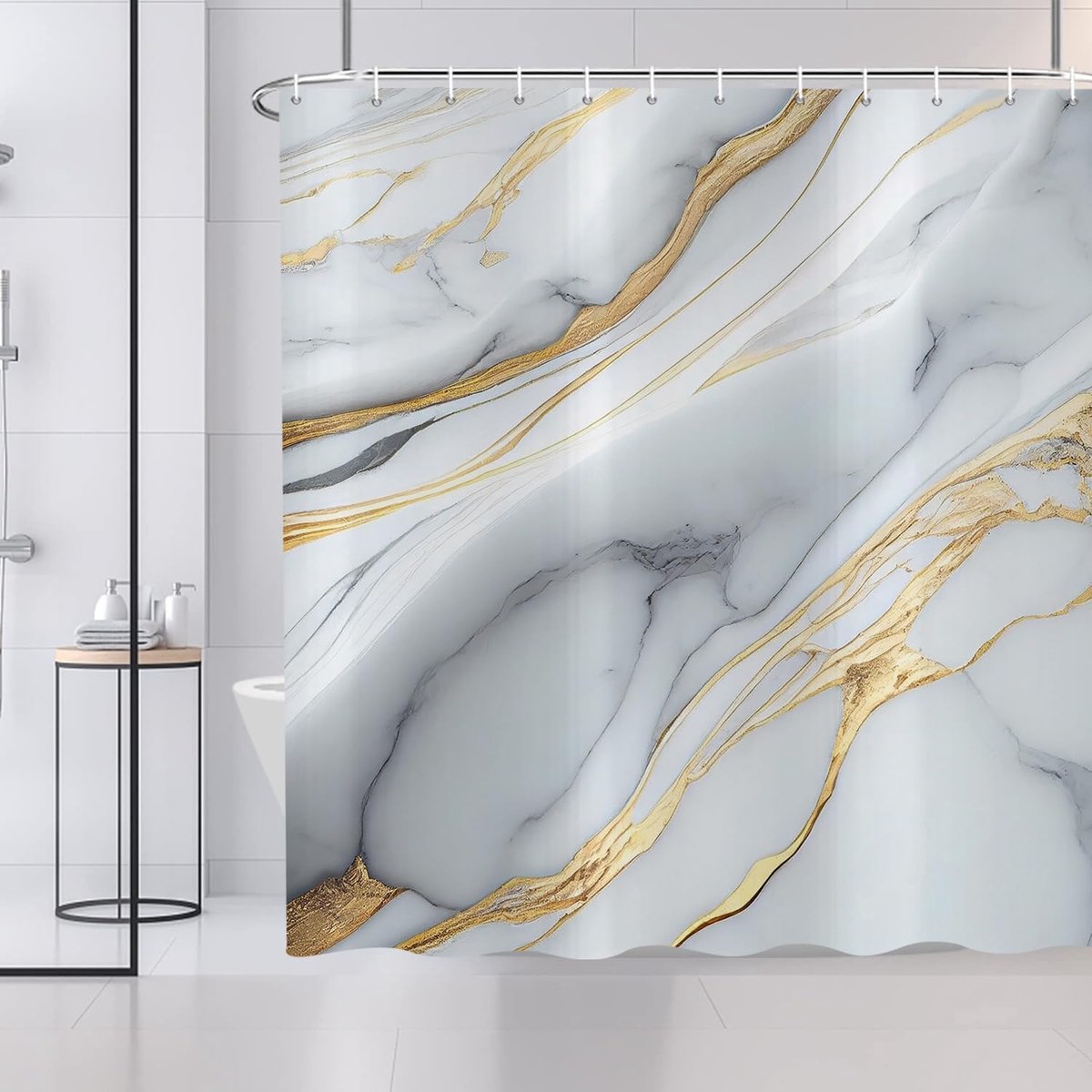 Douchegordijn Marmer 180 x 200 cm, Modern Abstract Grijs Cyaan Goud Wit Marmer Look Textuur Wasbaar Stof Bad Douchegordijnen Polyester Textiel Waterdicht Douchegordijn voor Badkuip met 12 Haken