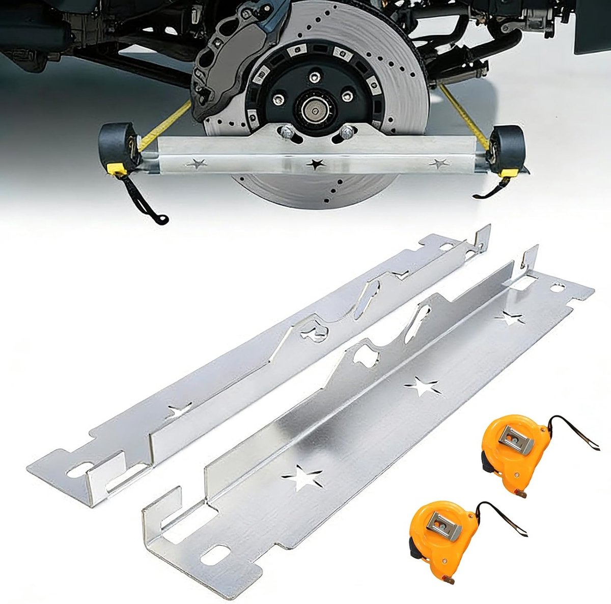 Gereedschapsplaten voor spooruitlijning van roestvrij staal, wielspoor instelgereedschap met anti-slip groef en ophanggat, nauwkeurig meetgereedschap voor SUV/vrachtwagen/sedan, 2 meetlinten
