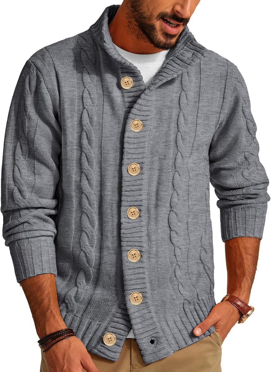 PAUL JONES Gebreid herenvest met knoopsluiting, vlechtpatroon, gebreide cardigan met geribbelde opstaande kraag, voor herfst en winter, lichtgrijs, XXL