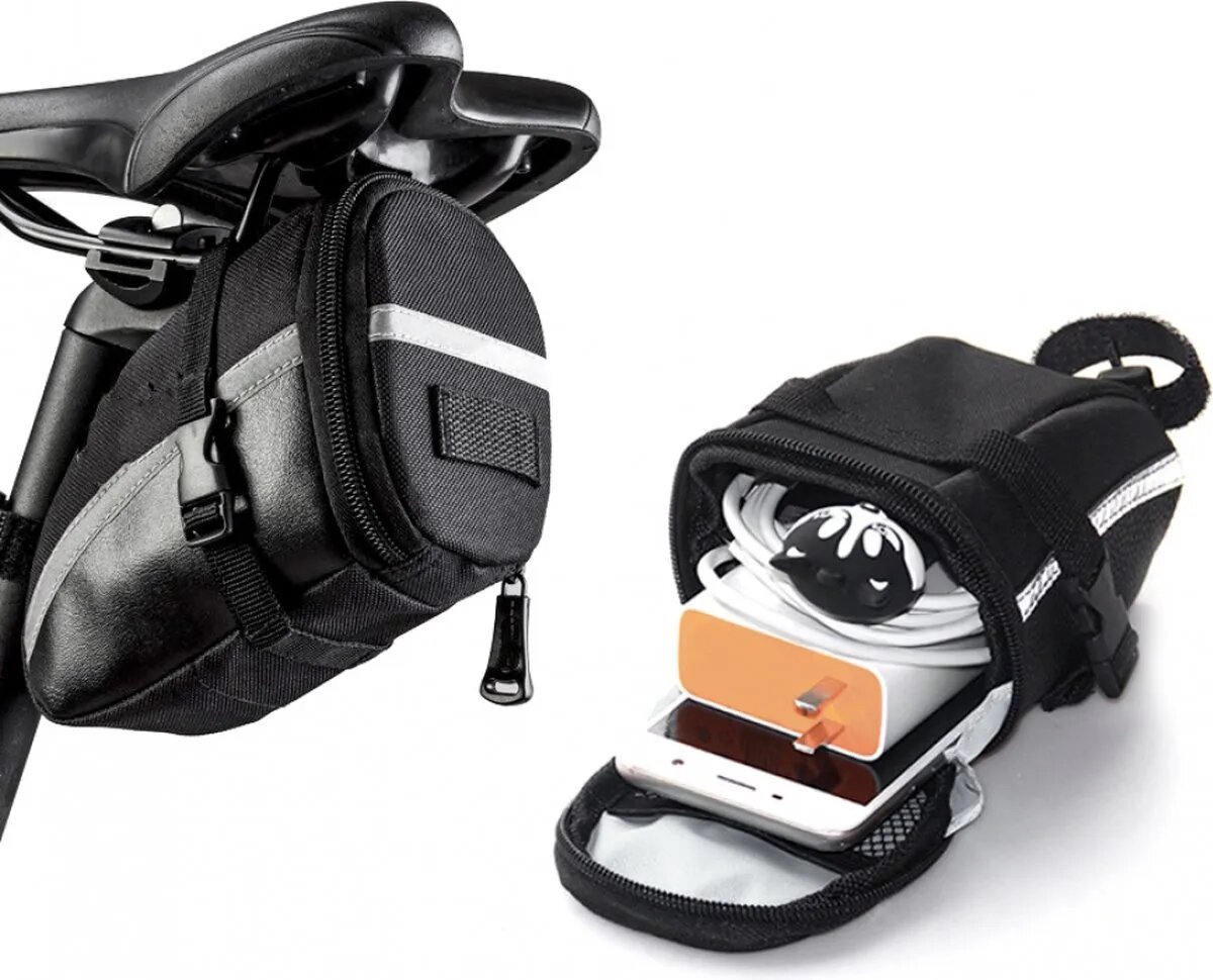 Zadel Fietstas - Universee en Waterdicht - Zadeltas racefiets - Fiets Tas - Tasje voor onder het zadel - Zadeltas Mountainbike - Fietstassen - Fietsaccessoires - met Reflecterende Strepen - Voor E-bike, Racefiets, Trekkingfiets - Zwart