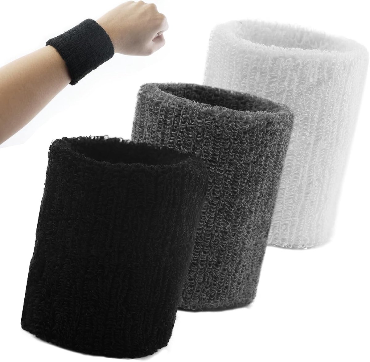 sportarmband, katoen, zweetband voor dames en heren, goed voor tennis, basketbal, hardlopen, fitnessstudio, zwart, wit en grijs, 6 stuks