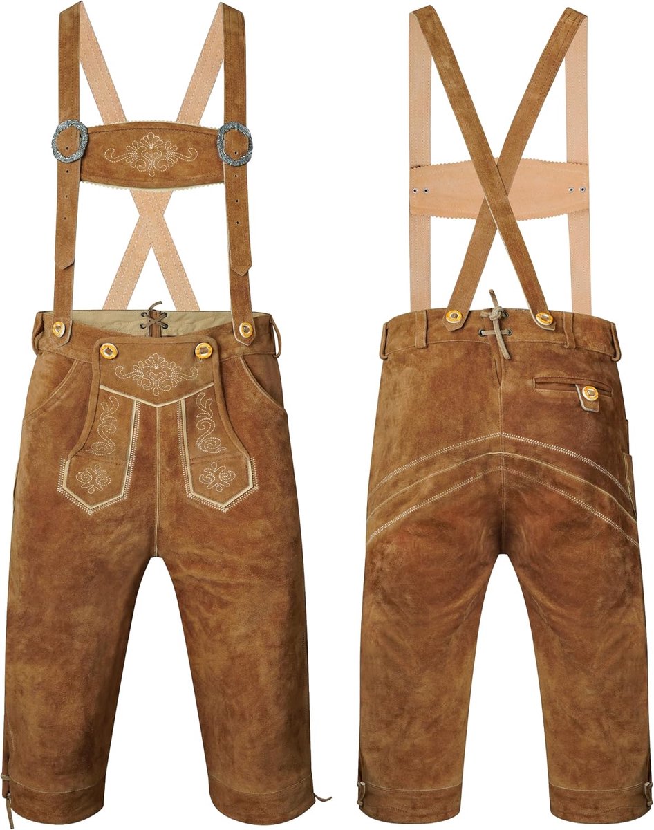 Lederhose Voor Heren, Klederdrachtbroek Met Knieband en Bandjes, Rundveloursleer, Donkerbruin, Oktoberfest