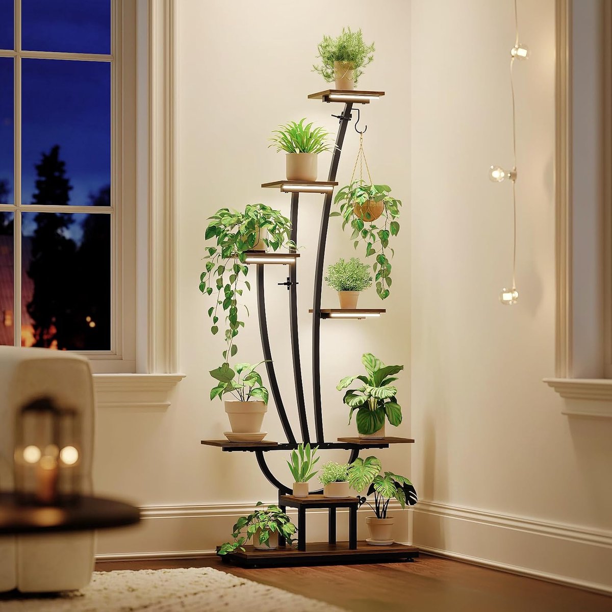 Plantenstandaard met groeilicht, 7-traps plantenrek van metaal en hout, hoge bloemenstandaard voor binnenruimtes, woonkamer, balkon of tuin