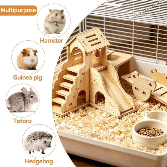 Hamsterhuis van hout, hamsterhuis, meerkamer met trap en wip, meerkamerhuis, hamsters, knaagdieren, cavia's, accessoires voor dwerghamsters, goudhamsters, kleine huisdieren — afbeelding 3