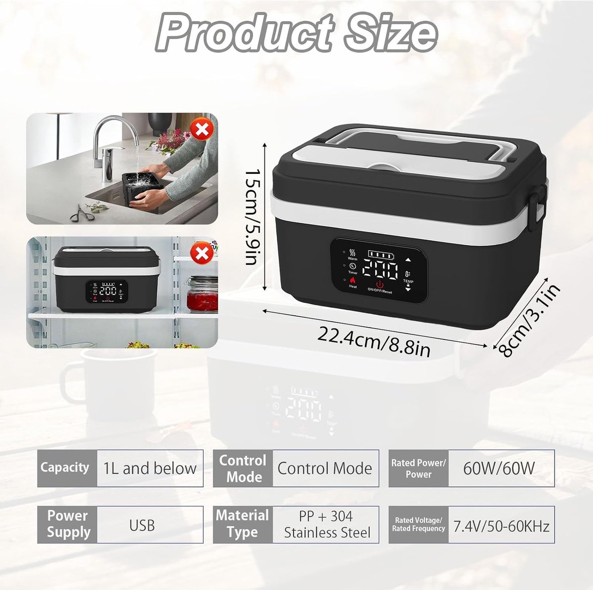 Lunchbox, 1 liter, draadloze verwarmbare lunchbox met 8000 mAh accu, timer en 6 temperatuurniveaus