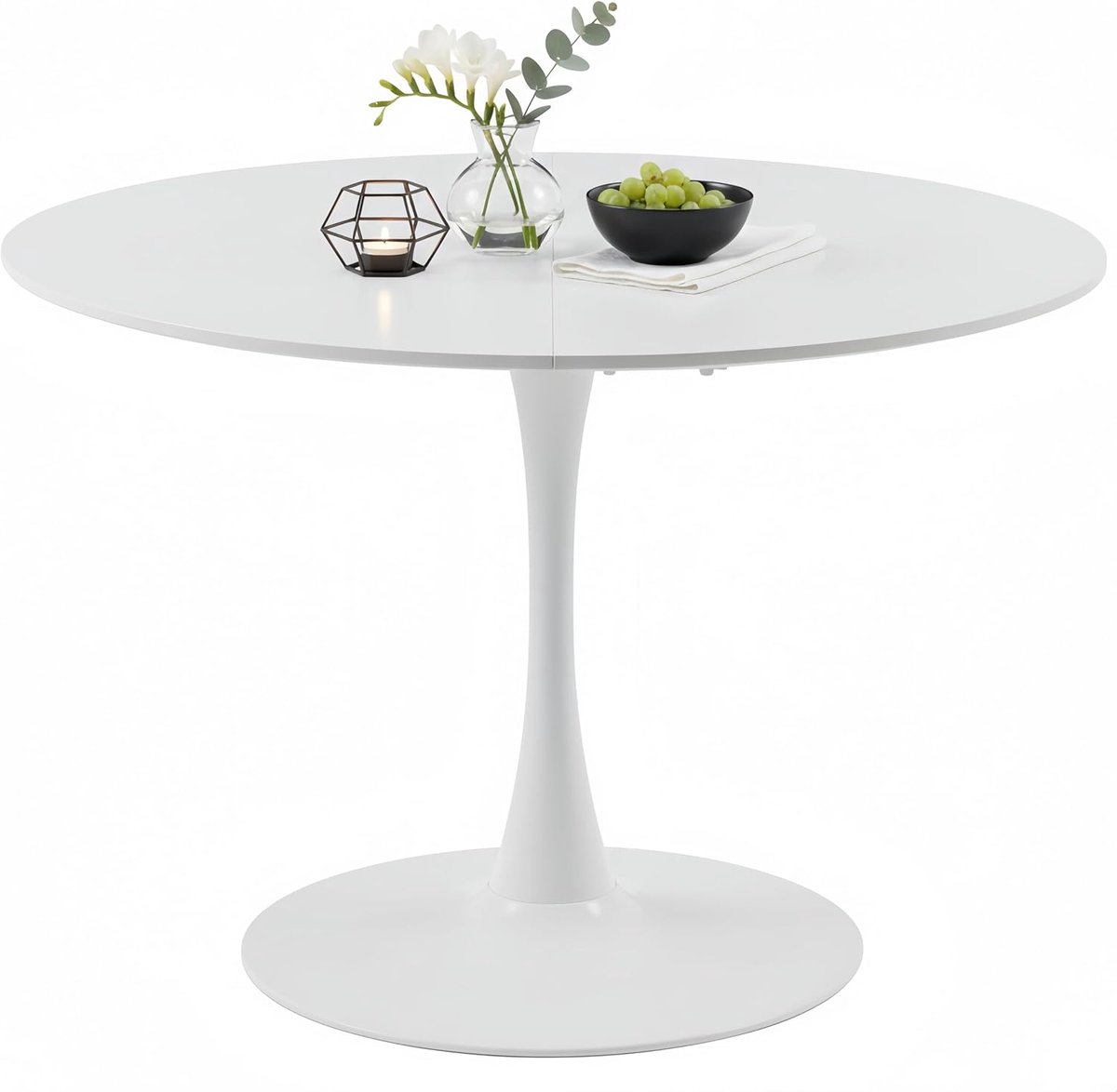 Eettafel rond 110 cm – Moderne ronde eettafel, keukentafel rond in tulpendesign voor 4–6 personen, woonkamertafel bistrotafel tuintafel MDF hout met vaste standplaats, wit