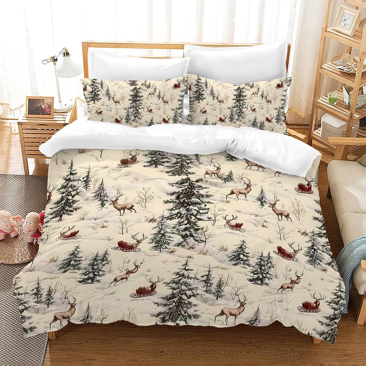 3D-kerstbeddengoedset, met 2 kussenslopen, kerstman, kerstboom, hert, kerstcadeau voor kinderen en jongeren (L, 135 x 200 cm)