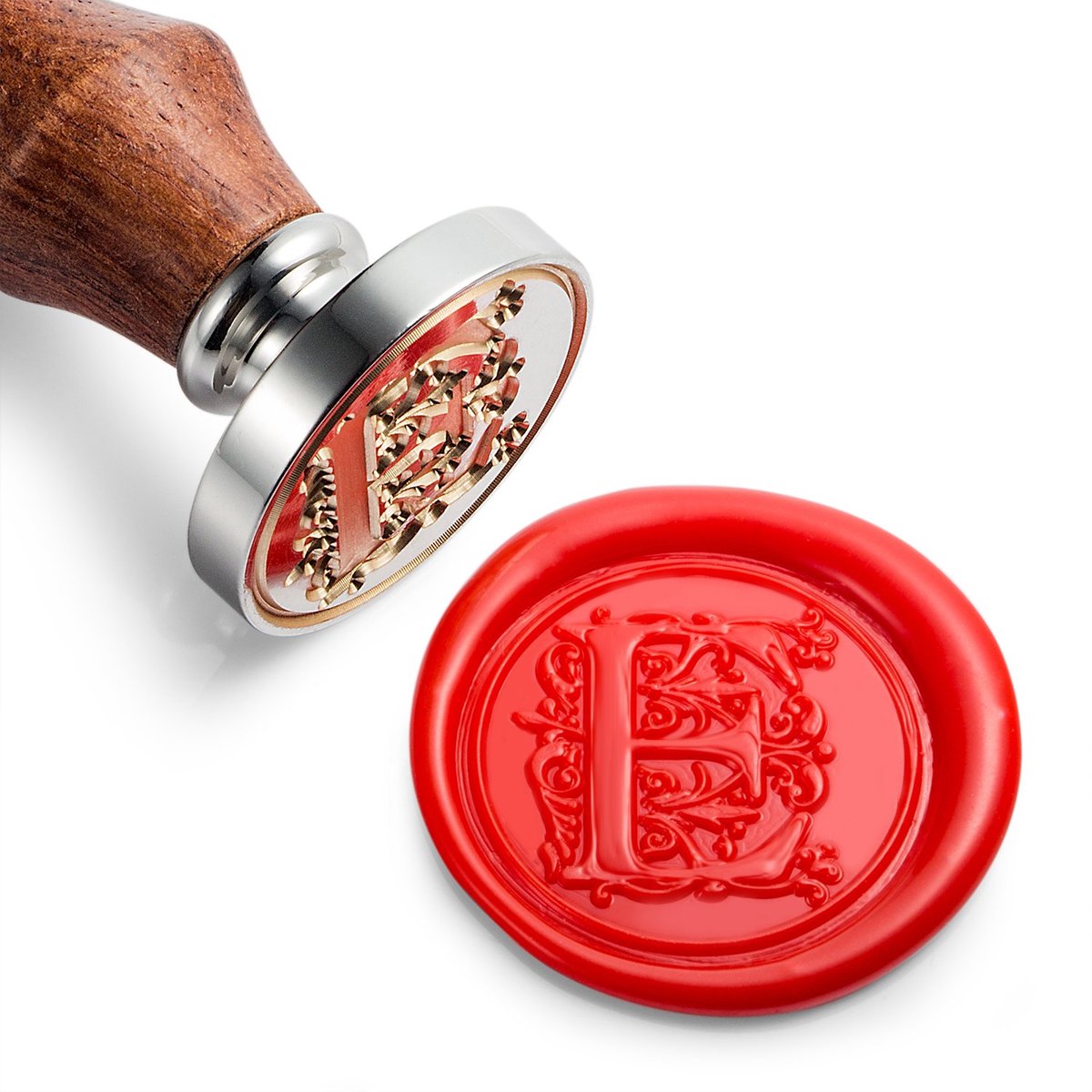 Wax Seal Stempel, Zilver Messing Hoofd met Houten Handvat, Koninklijke Letter A tot Z Serie (Letter E)