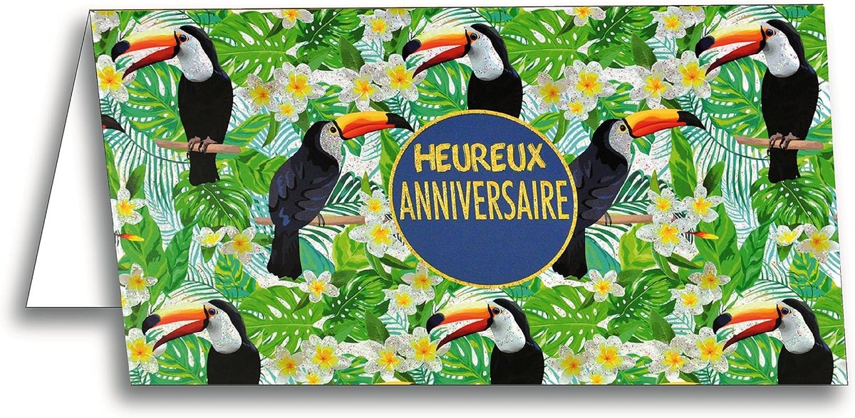 afie 69-4202 wenskaart verjaardag pailletten tukan vogel tiaré bloem Iles Tahiti bloemen blad palm jungle bos natuur tropisch exotisch zomer tak hout glanzend fris zomer