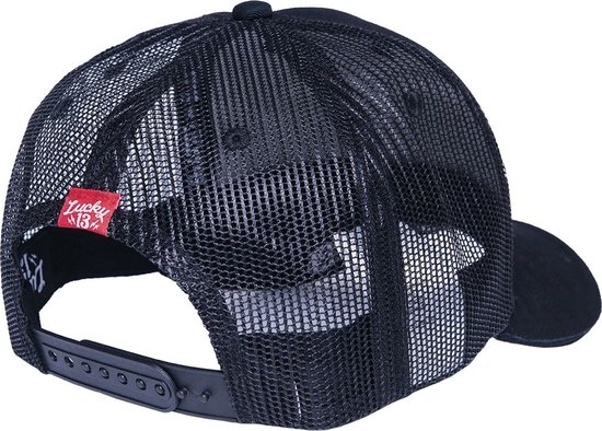 Casquette trucker noire avec dos en mesh et étiquette "Lucky 13".