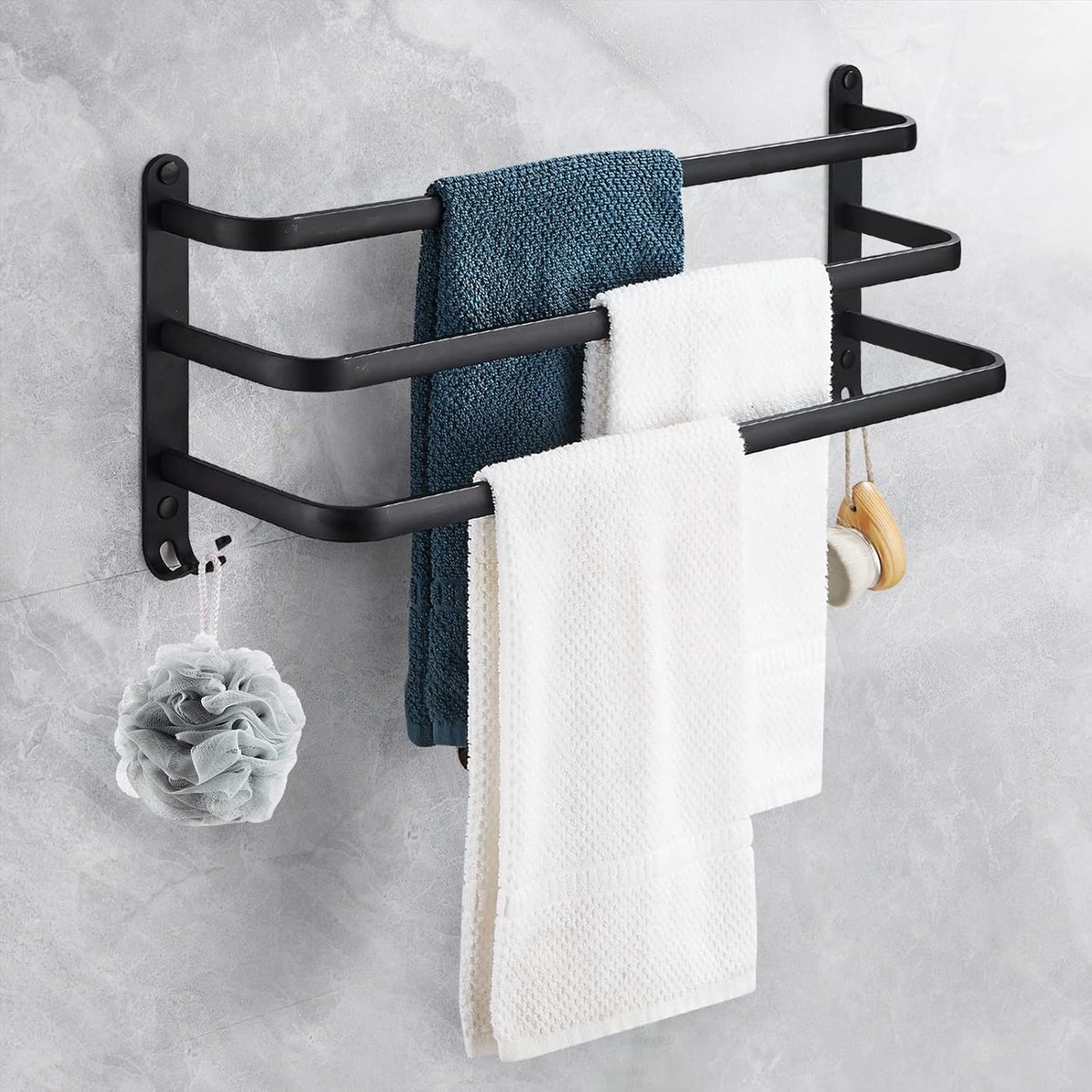 Handdoekhouder, zwart, zonder boren, aluminium, zelfklevende badhanddoekhouder, 3 verdiepingen, handdoekstang met haken, waterdicht, roestbestendig, voor badkamer/keuken