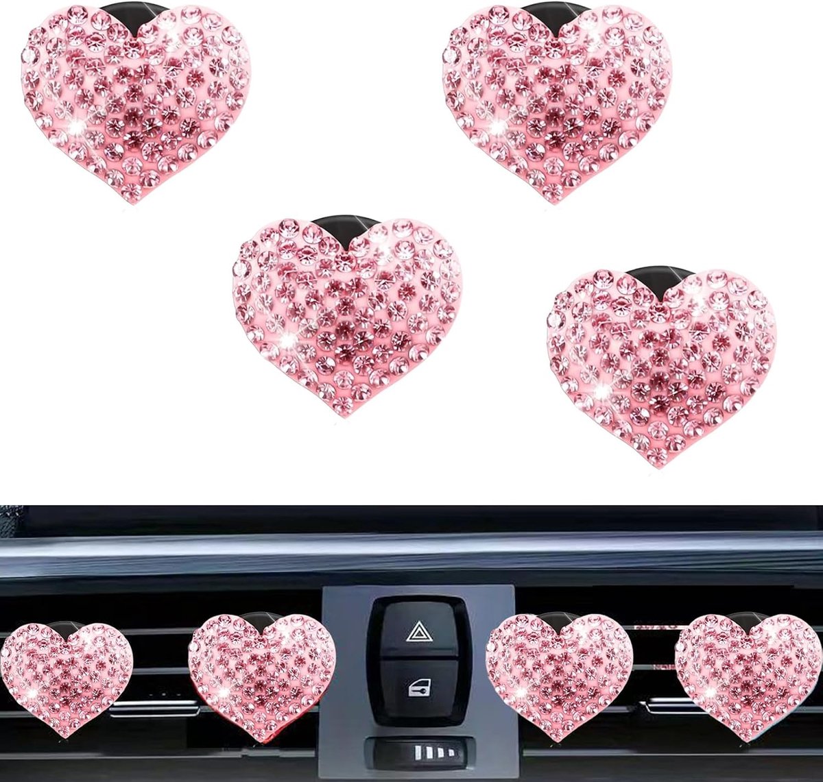 4 stuks hartvormige auto-luchtverfrisser, clip, strass, auto-ventilatieclip met geurtabletten, autodecoratie, interieur, clip voor meisjes en vrouwen (roze, stochastisch)