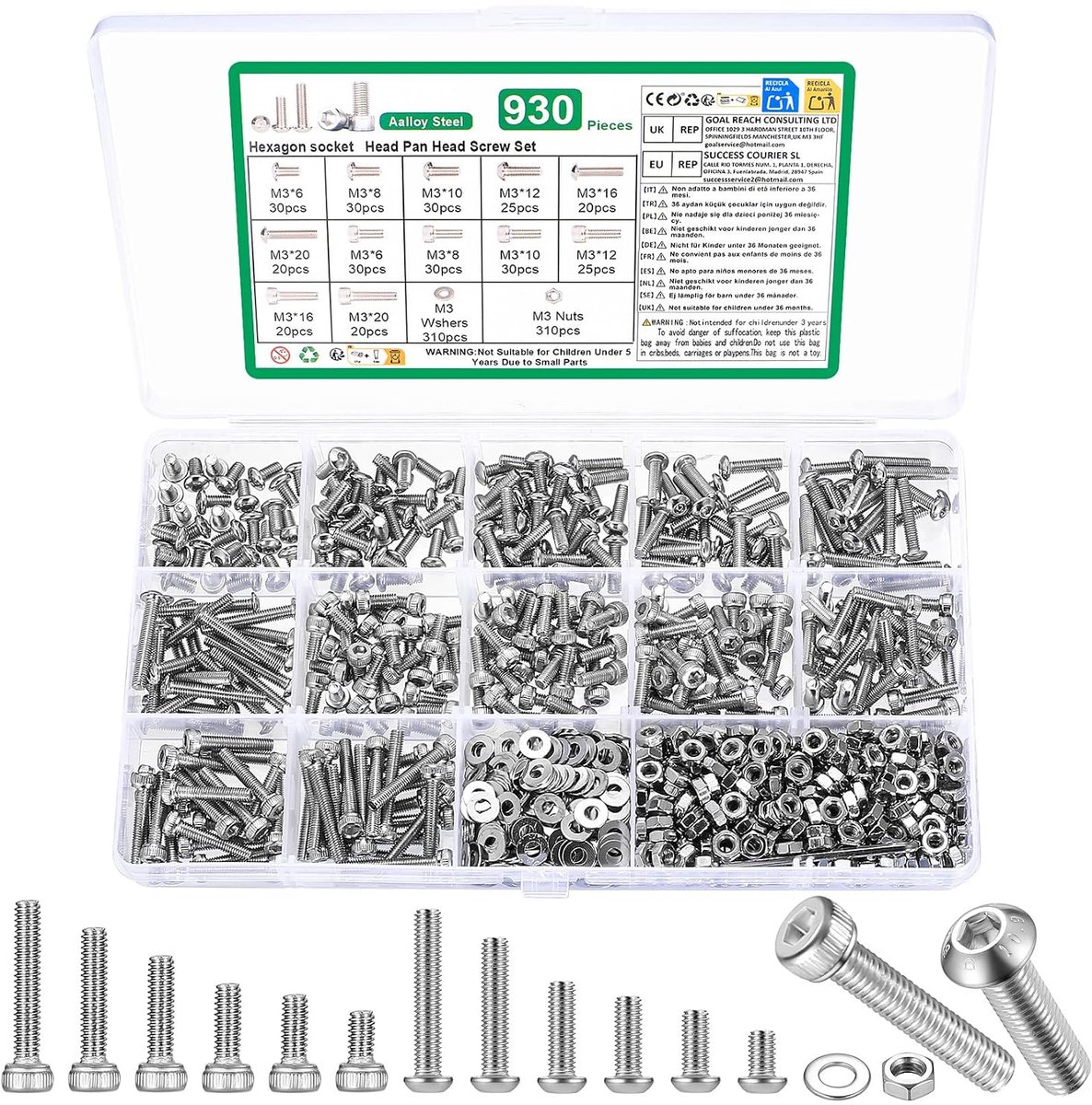 930 stuks M3-schroevenset, cilinderkopschroeven met binnenzeskant, assortiment met ronde kopschroeven en moeren en sluitringen, zeskantschroeven (M3)