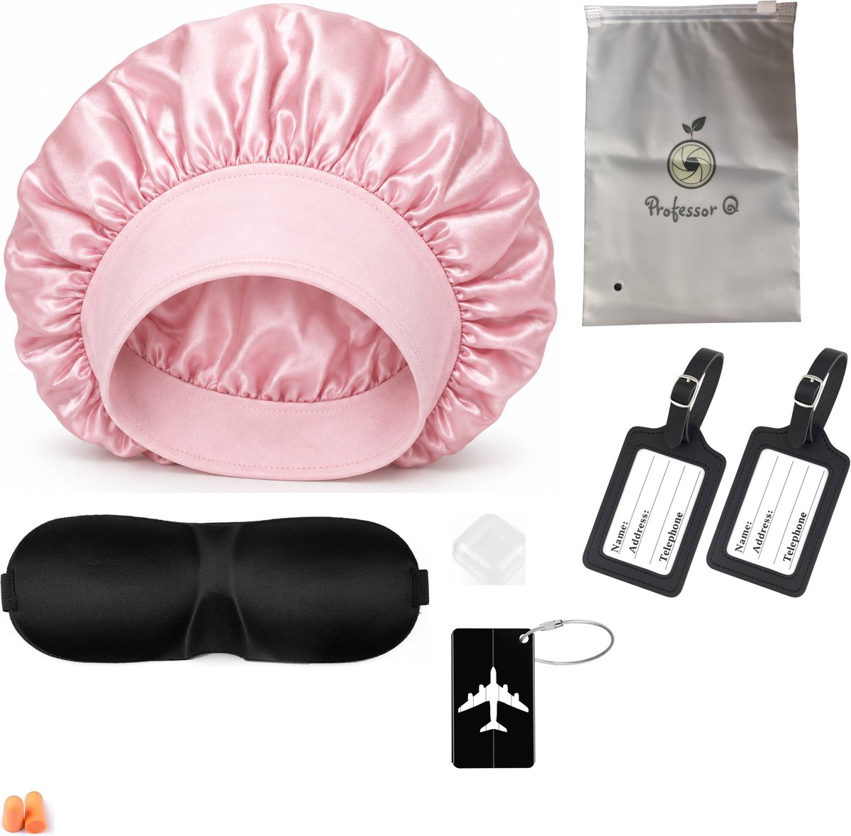 Professor Q Reisset - Aluminium Kofferlabel Zwart - 2 PU-Kofferlabels Zwart - Slaapmasker Zwart - Bonnet Roze
