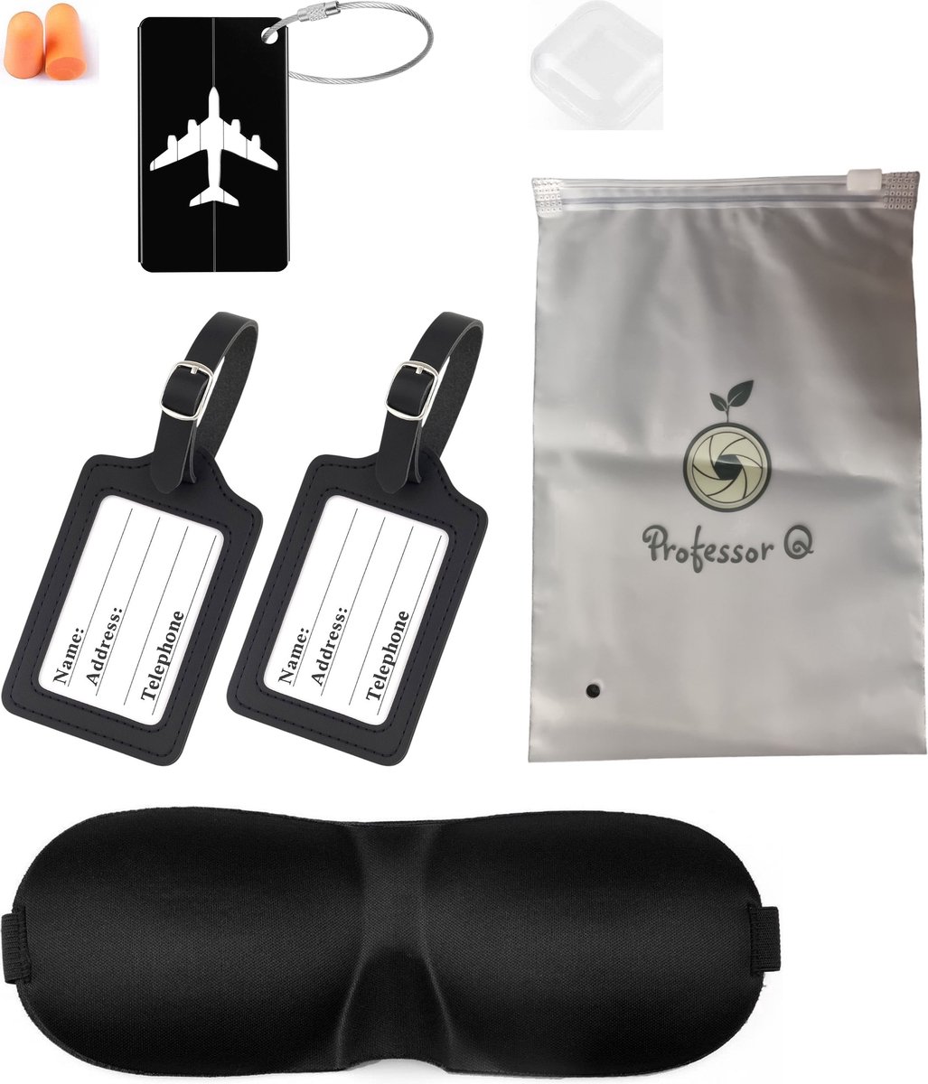 Professor Q Reisset - Aluminium Kofferlabel Zwart - 2 PU-Kofferlabels Zwart - Slaapmasker Zwart