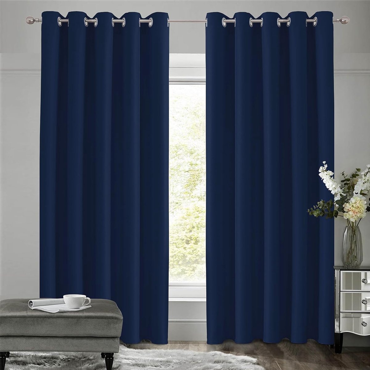 Ondoorzichtig, set van 2 verduisteringsgordijnen, thermogordijn met ringen, verduisteringsgordijnen, H 229 x B 168 cm, donkerblauw, geluidsisolatie, gordijn voor woonkamer