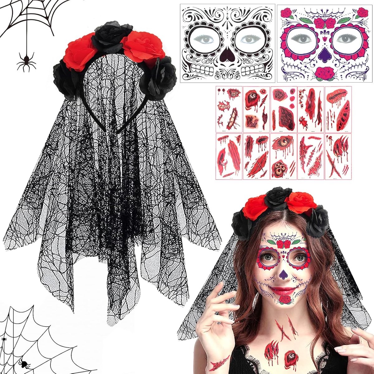 Halloween 13 stuks, 1 Dag van de Doden Hoofdband + 2 HallOween gezichtstatoeages + 10 Dag van de Doden tatoeages, HooFdband met rozen Halloween