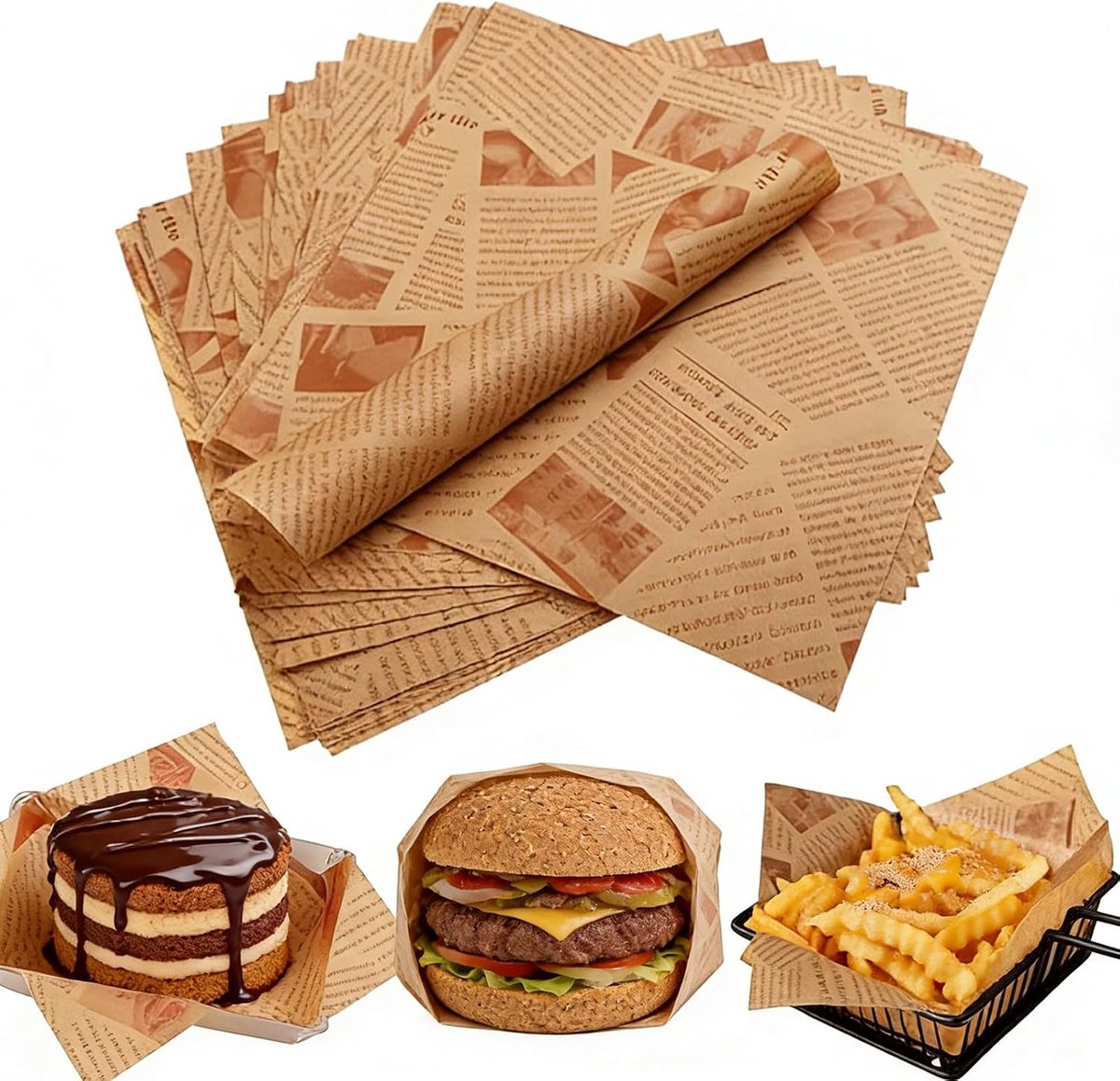 100 vellen papieren vellen, 25 x 25 cm, voedselverpakkingspapier, wrap papier, hamburgerpapier, vetdichte papieren bladen, voedselmand, liner, voor hamburgers, boterbrood, kaas, friet, cake, sandwich
